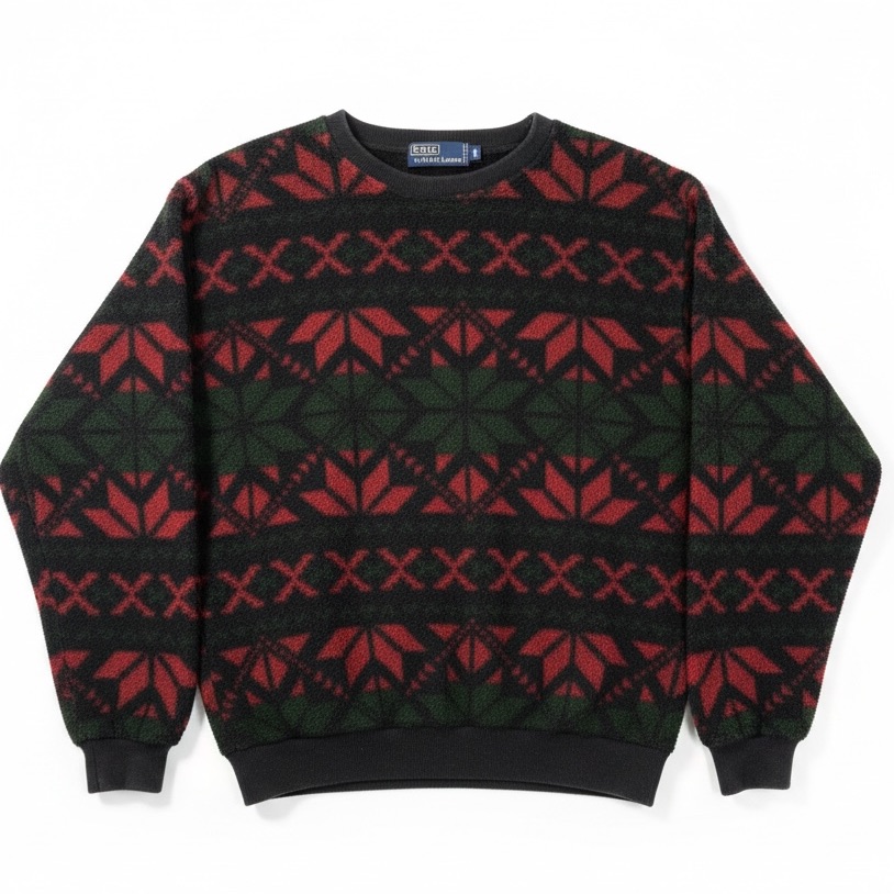 Ralph Lauren Fleece Crewneck Sweater With Red & Green Fair Isle Pattern